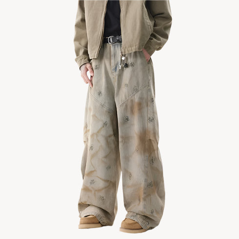 Summer Yellow Mud Graffiti Jeans Men's Y2K Vintage High Waisted Streetwear